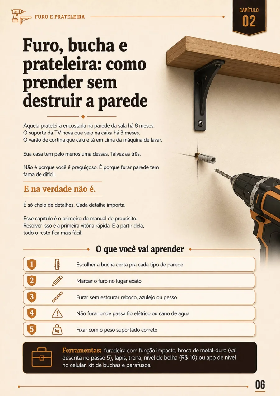 Página do Manual do Homem Que Resolve: Furo, bucha e prateleira